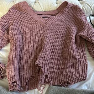 SHEIN Pink V-Neck Sweater with Ribbed Knit